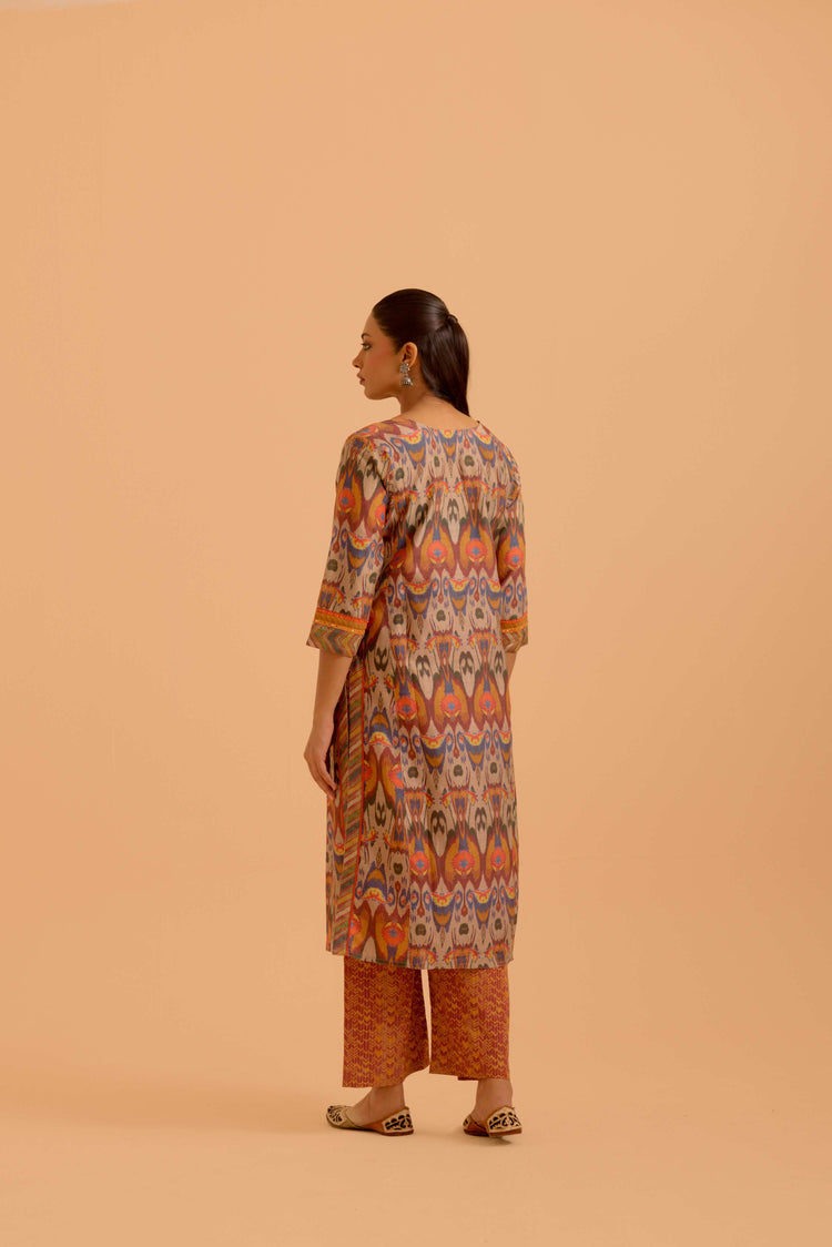 Rozana Chanderi Printed Kurta Beige Orange (Set Of 3)