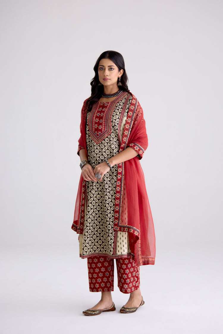 Adya Cotton Hand Block Printed Kurta Black Beige (10104262754603)