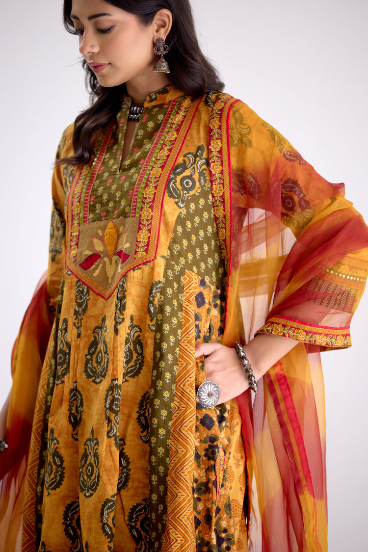 Anarkali Collar Cotton Printed Kurta Mustard (10104502354219)