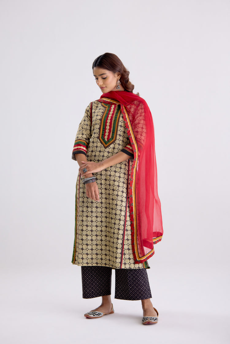 Rozana Linen Printed Kurta Beige Black (10104274026795)