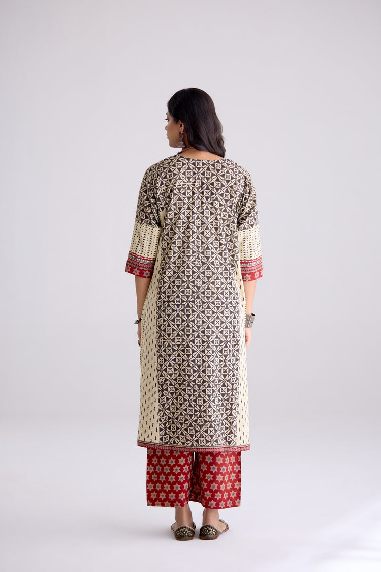 Adya Cotton Hand Block Printed Kurta Black Beige (10104262754603)