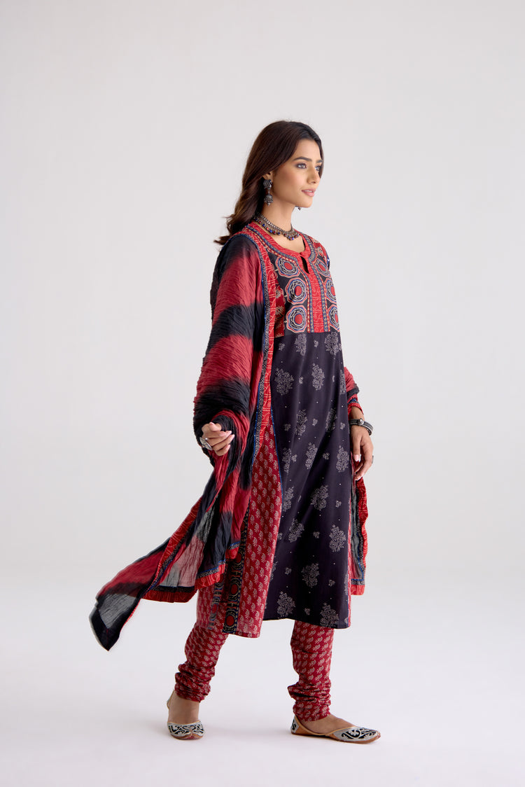 Rozana Cotton Ajrakh Printed Kurta Black (10104282579243)