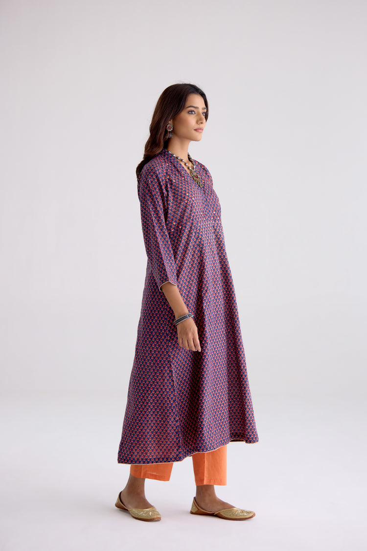 Neera Cotton Printed Embroidered Kurta Blue Pink (10106182009131)