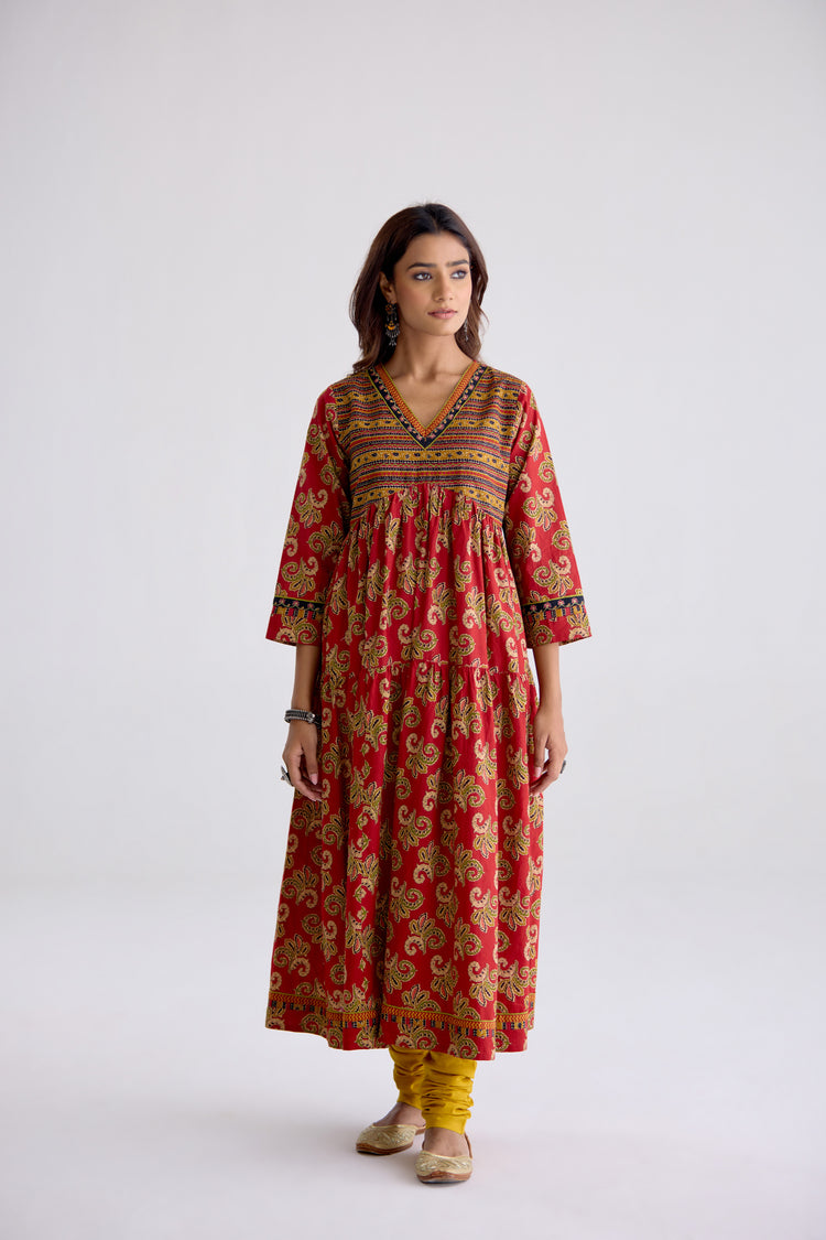Kairi Cotton Printed Embroidered Kurta Red (10106103234859)