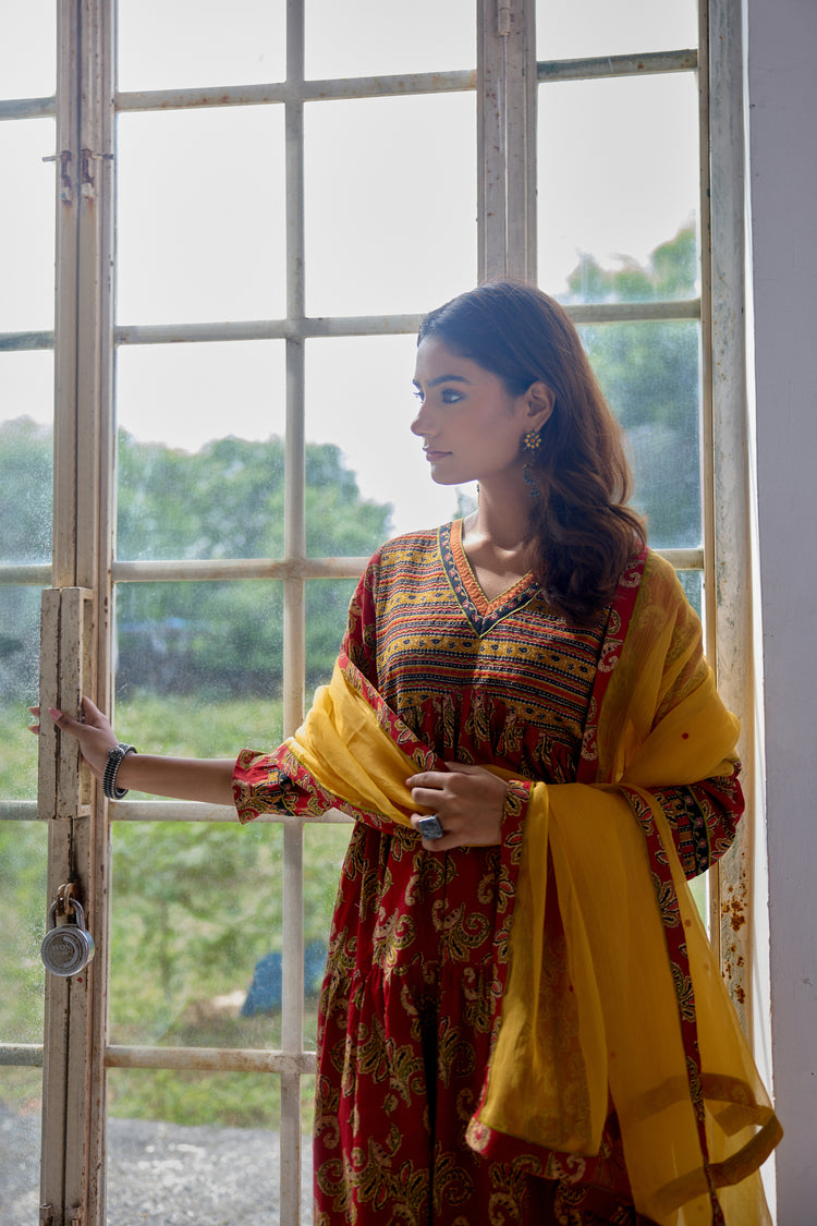 Kairi Cotton Printed Embroidered Kurta Red (10106103234859)