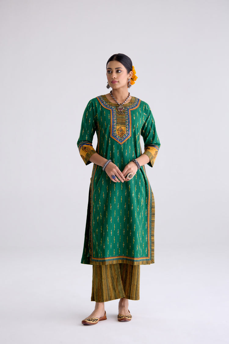 Anu Cotton Slub Ikkat Printed Kurta Green (10104442781995)