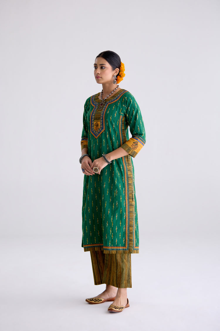 Anu Cotton Slub Ikkat Printed Kurta Green (10104442781995)