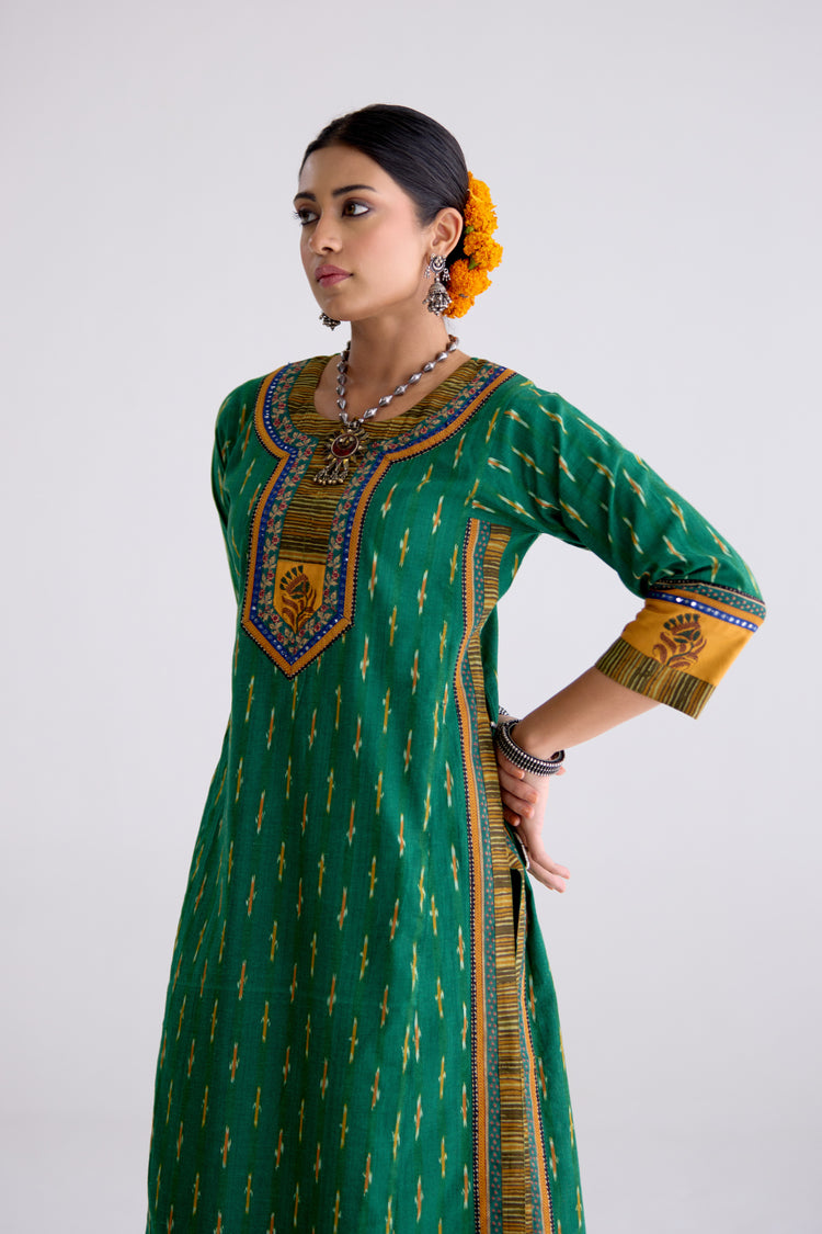 Anu Cotton Slub Ikkat Printed Kurta Green (10104442781995)