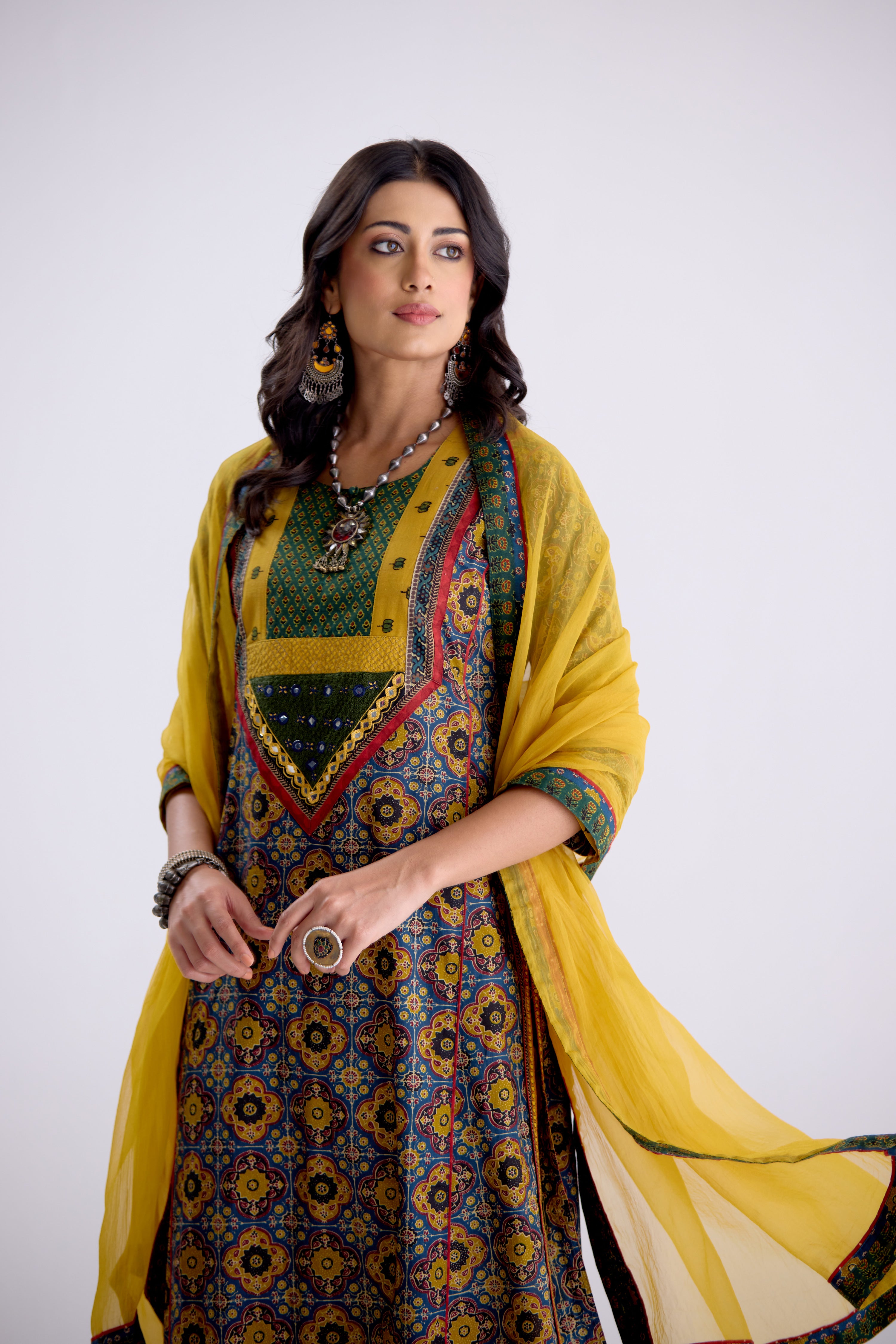 Devi Cotton Embroidered Kurta Blue Mustard (10104259608875)