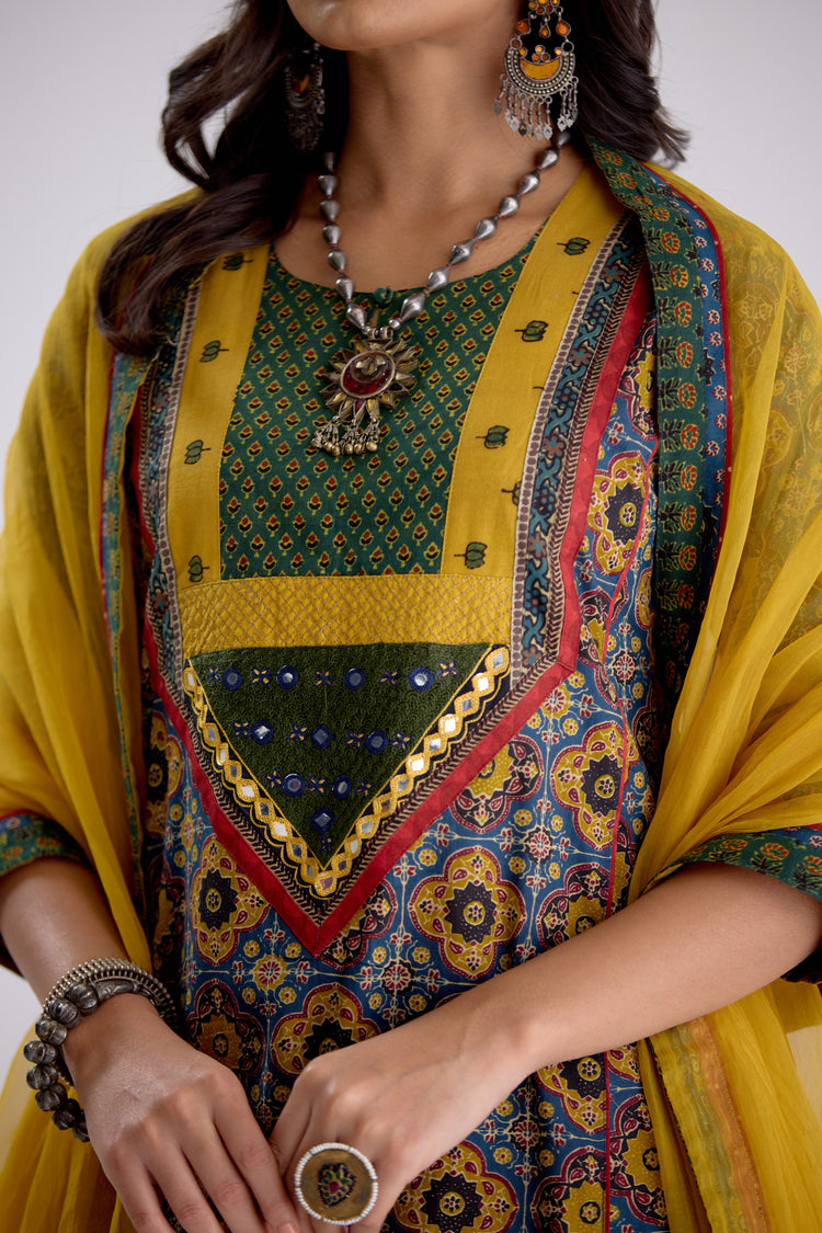 Devi Cotton Embroidered Kurta Blue Mustard (10104259608875)