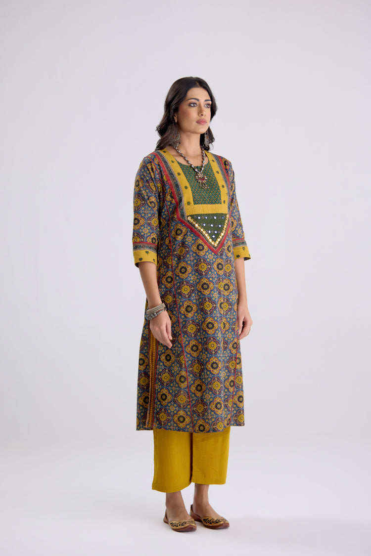 Devi Cotton Embroidered Kurta Blue Mustard (10104259608875)