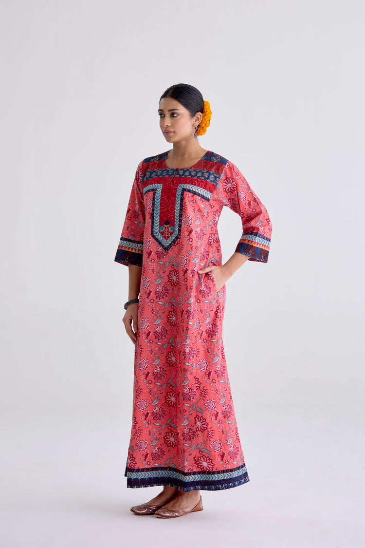Rozana Cotton Printed Caftan Peach Red (10107017330987)