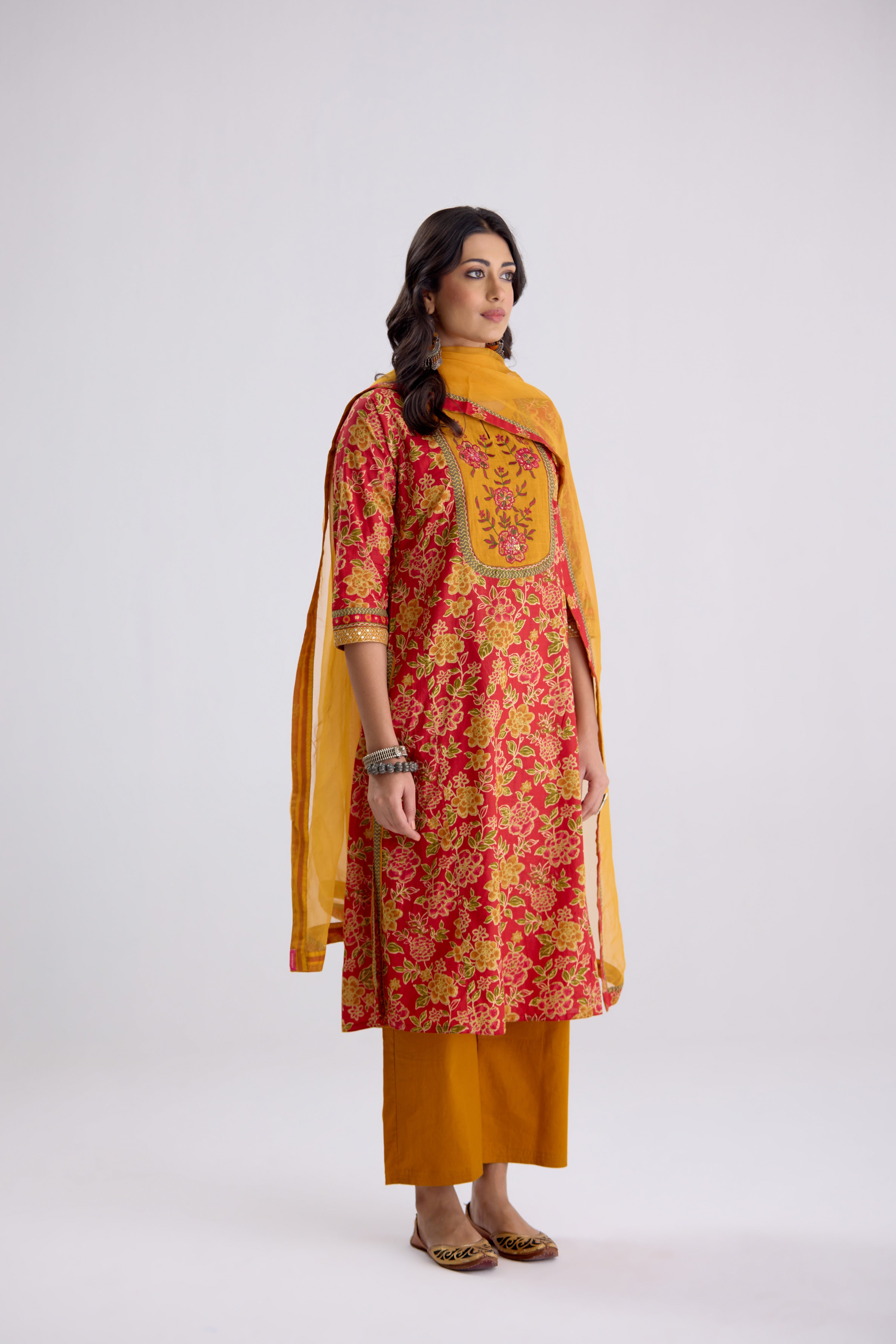 Rozana Cotton Printed Embroidered Kurta Red Mustard (10107010941227)