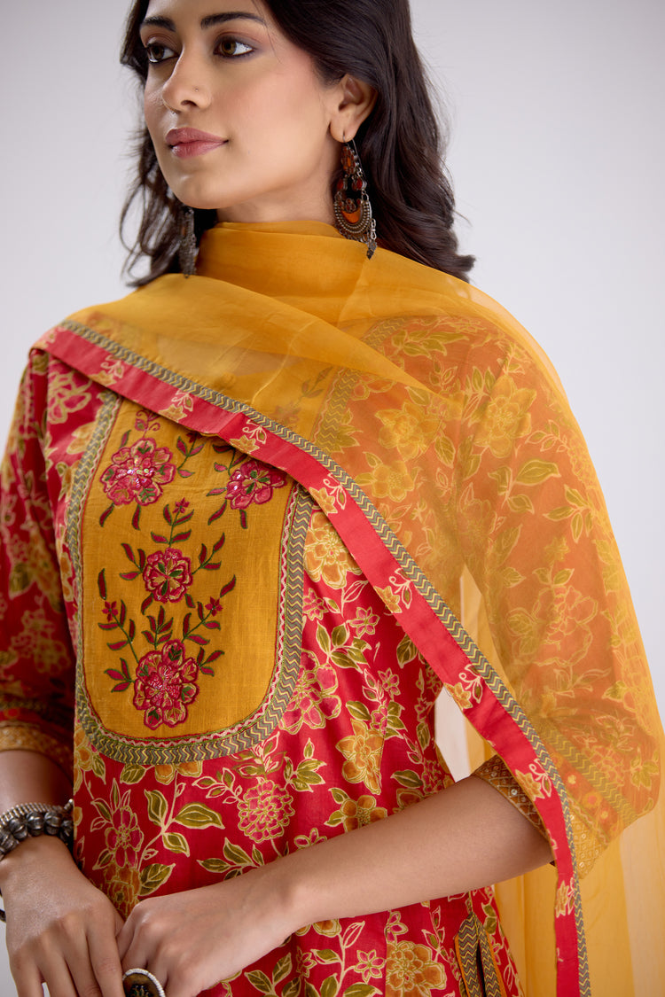 Rozana Cotton Printed Embroidered Kurta Red Mustard (10107010941227)