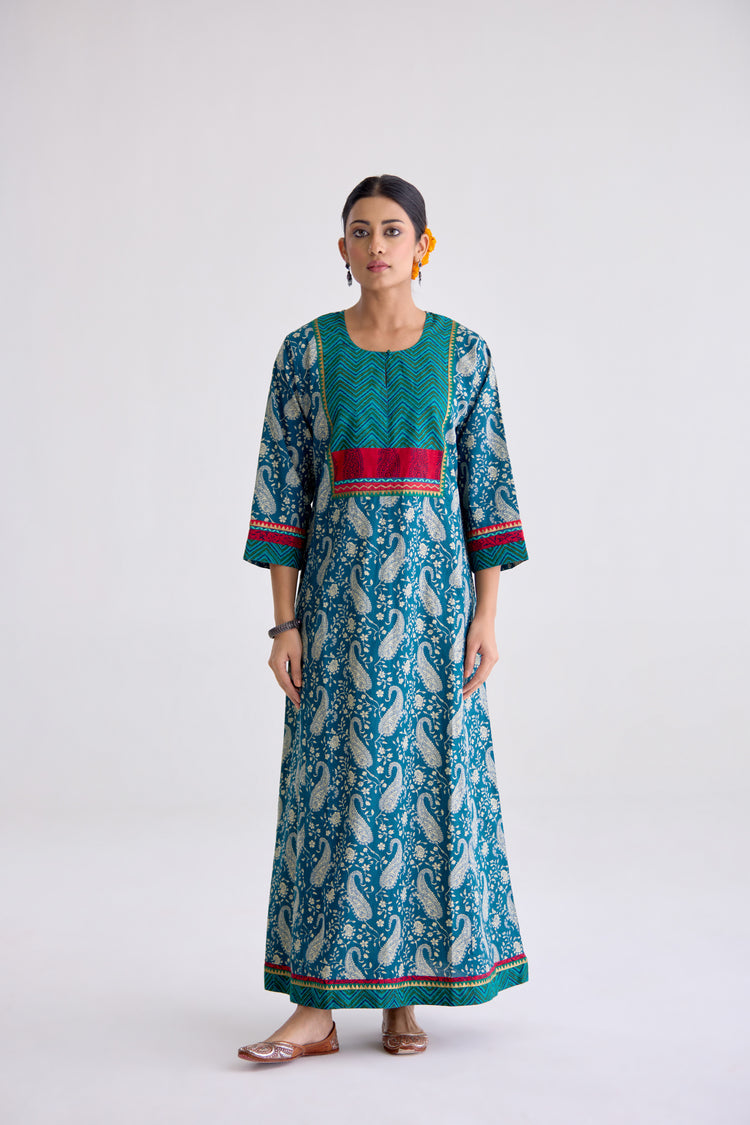 Rozana Cotton Printed Caftan Teal Blue (10107016675627)