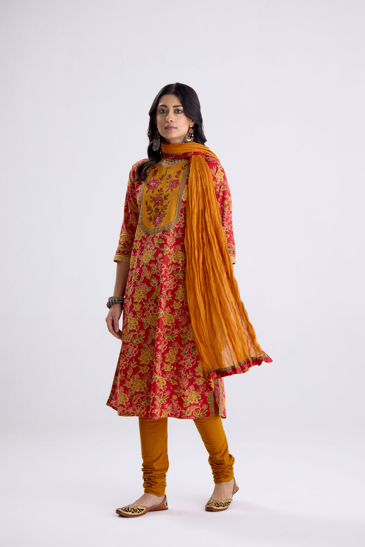 Rozana Cotton Printed Embroidered Kurta Red Mustard (10107010941227)