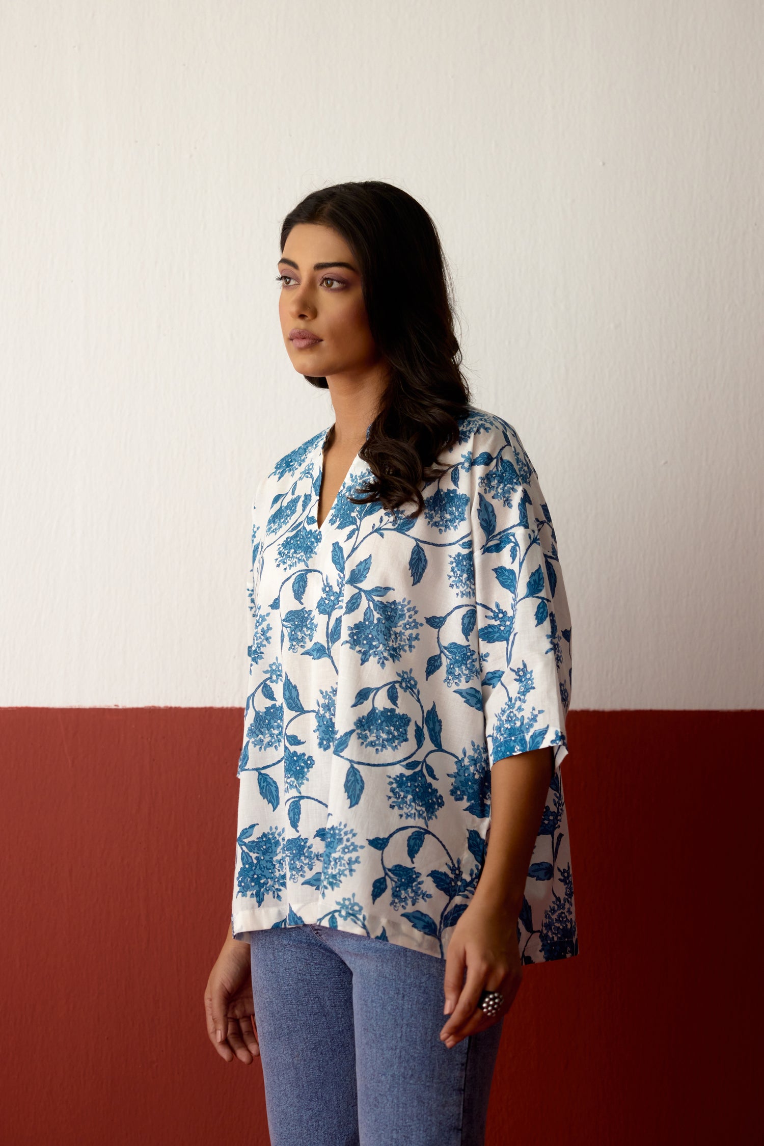 Nona Cotton Printed Top White Blue (10083644178731)