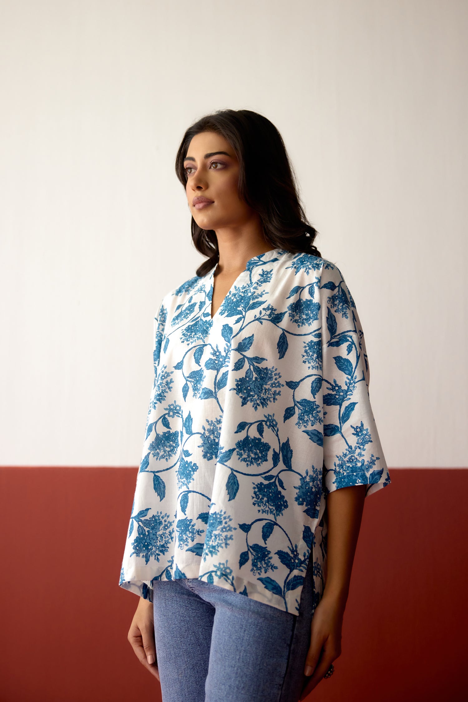 Nona Cotton Printed Top White Blue (10083644178731)