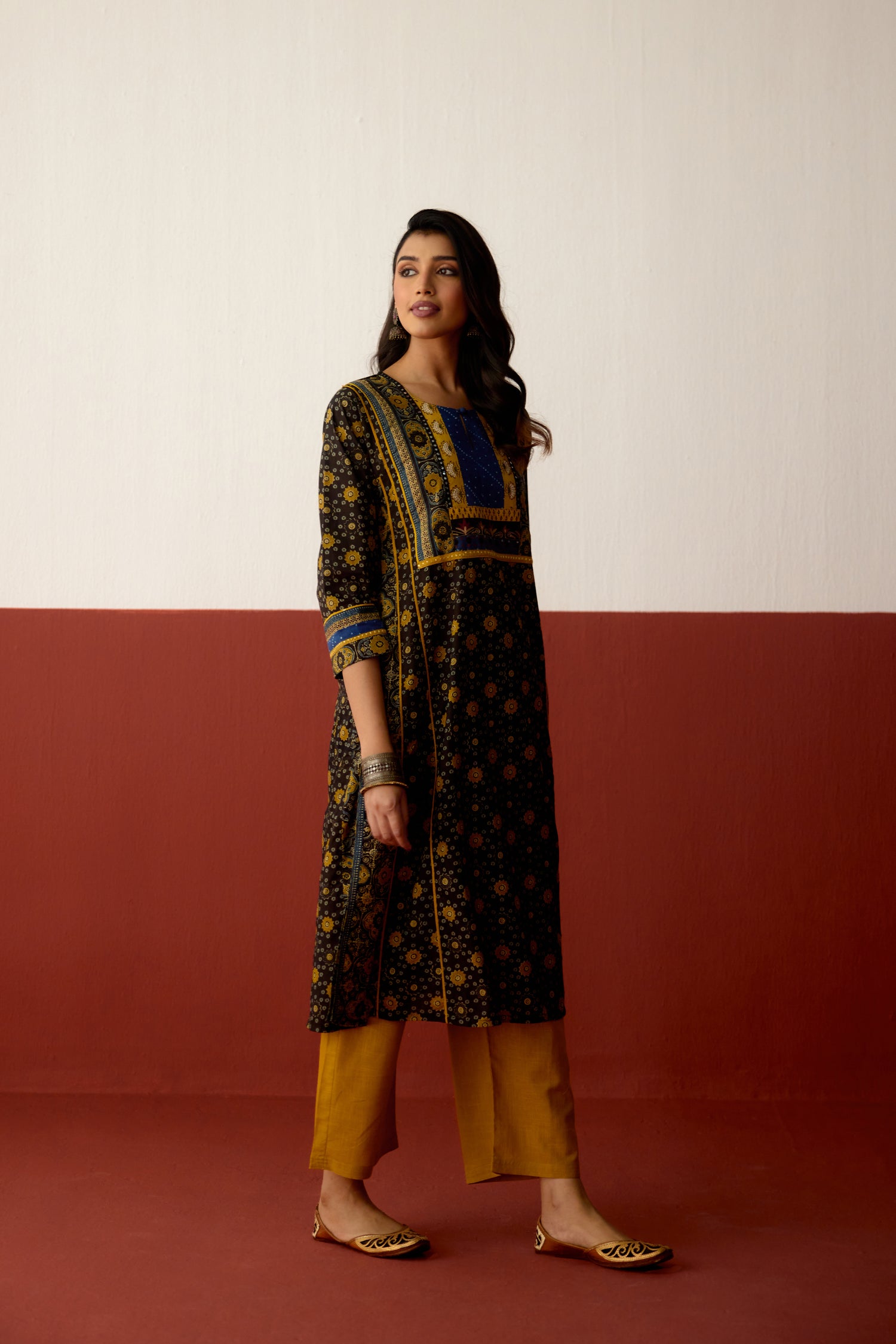 Adya Cotton Printed Kurta Black Mustard (10075322482987)