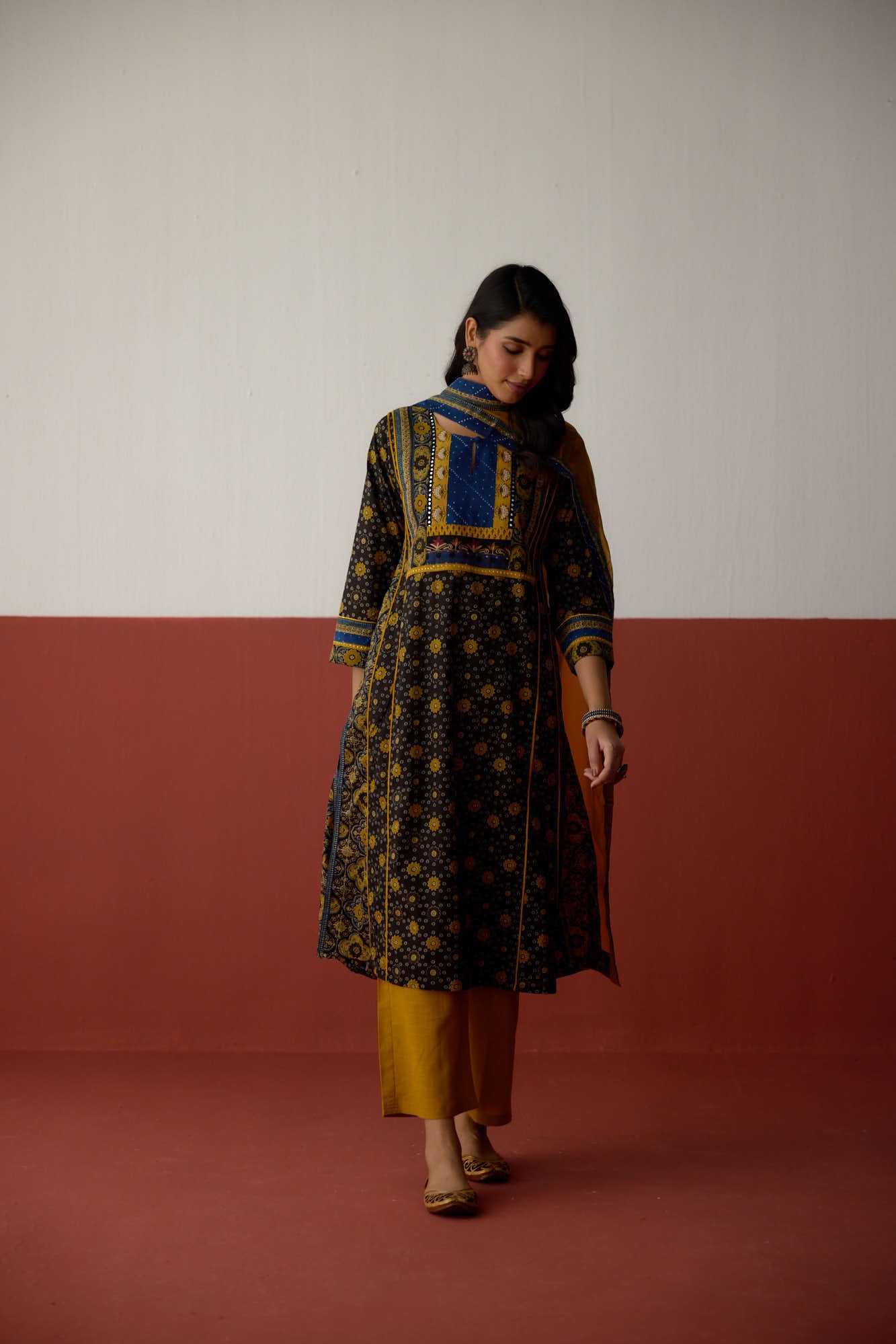 Adya Cotton Printed Kurta Black Mustard (10075322482987)