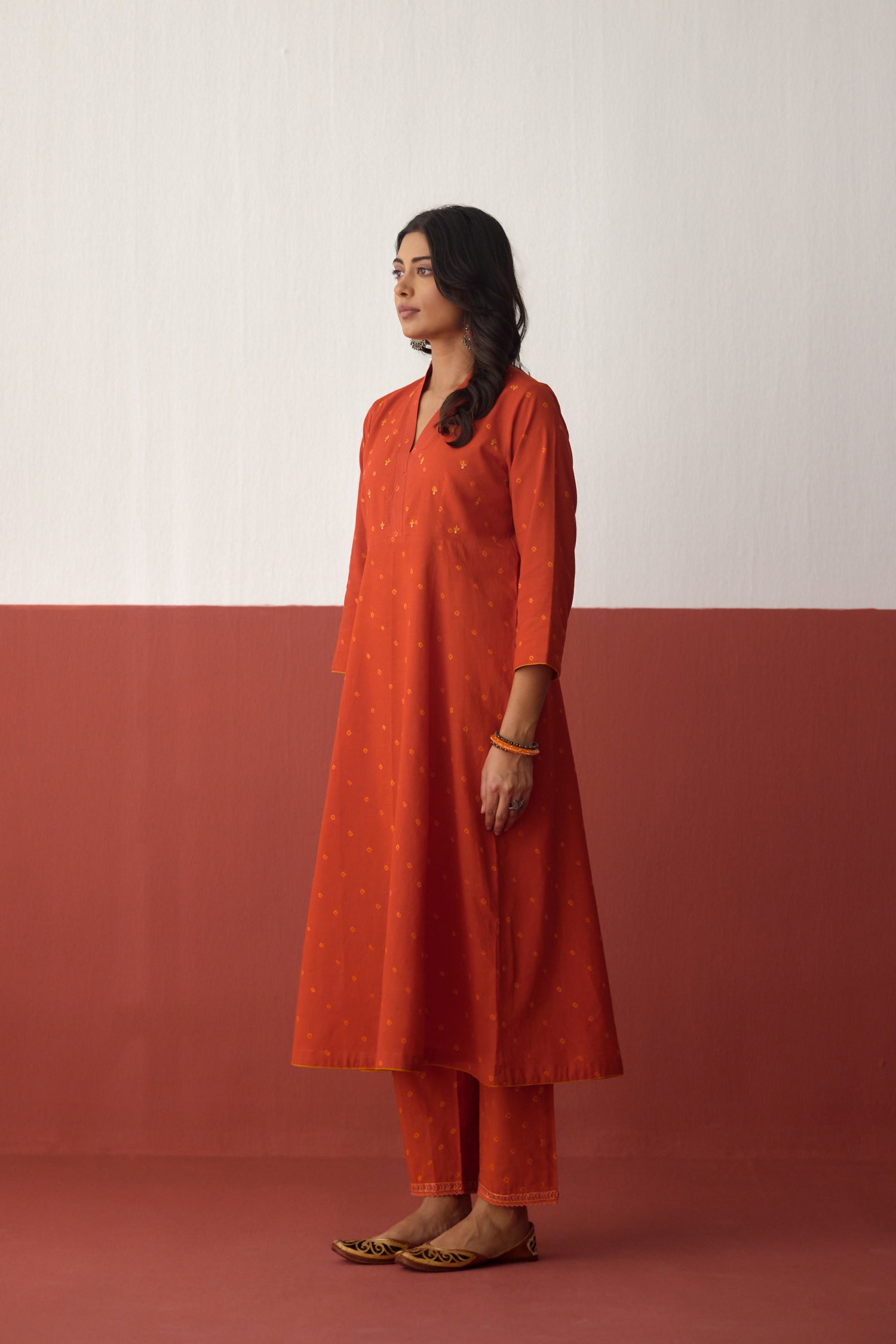 Neera Cotton Bandhej Hand Block Printed Kurta Dark Orange (10083709059371)