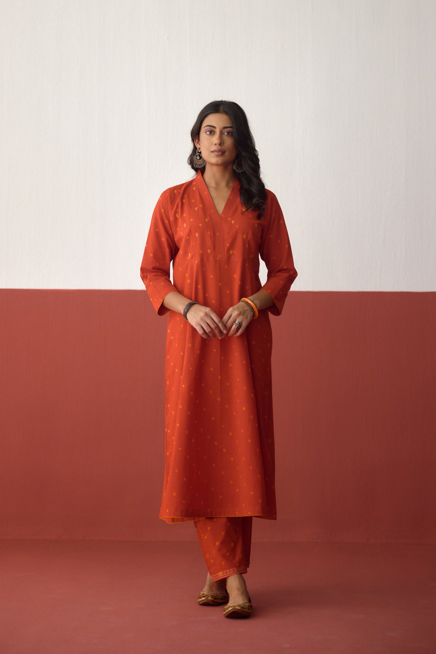 Neera Cotton Bandhej Hand Block Printed Kurta Dark Orange (10083709059371)