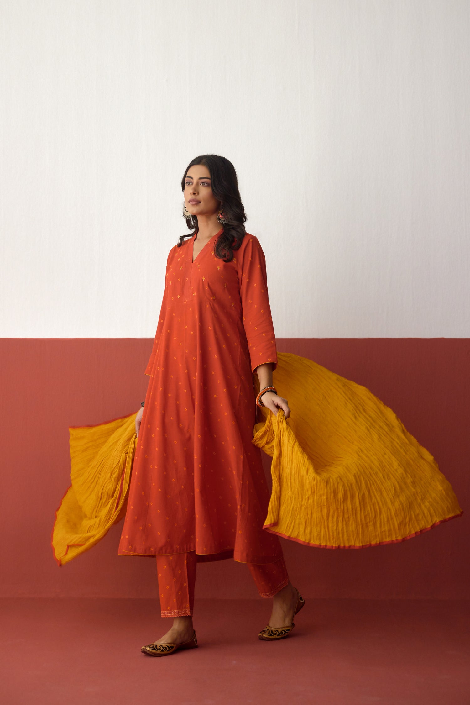 Neera Cotton Bandhej Hand Block Printed Kurta Dark Orange (10083709059371)