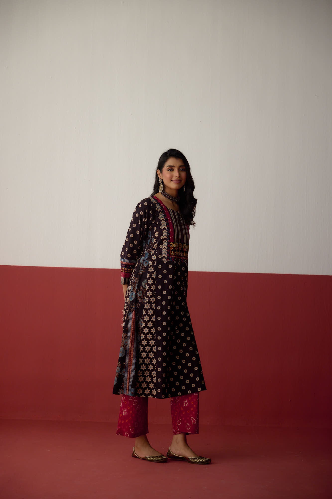 Adya Cotton Hand Block Printed Ajrakh Kurta Black (10081041547563)