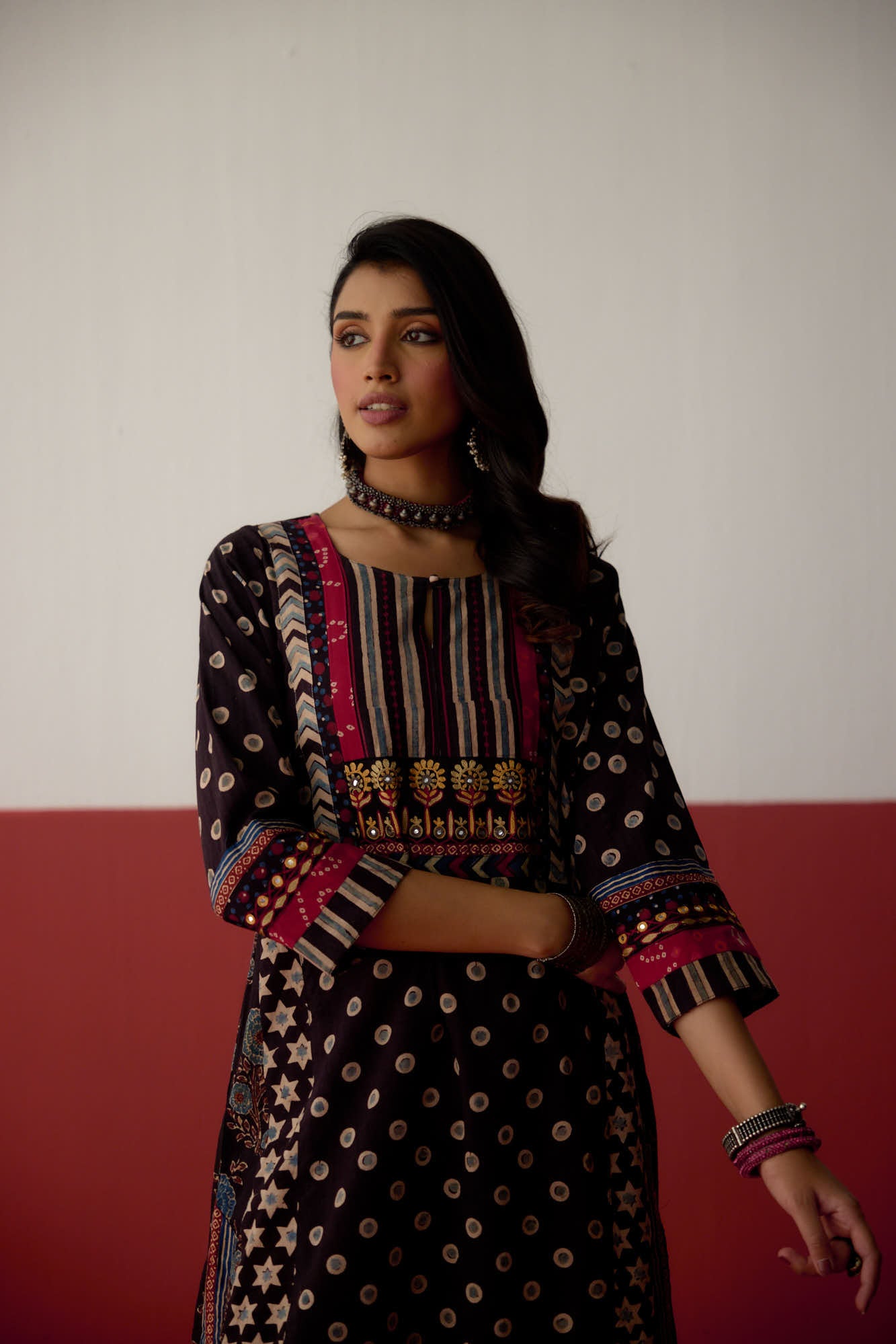Adya Cotton Hand Block Printed Ajrakh Kurta Black (10081041547563)