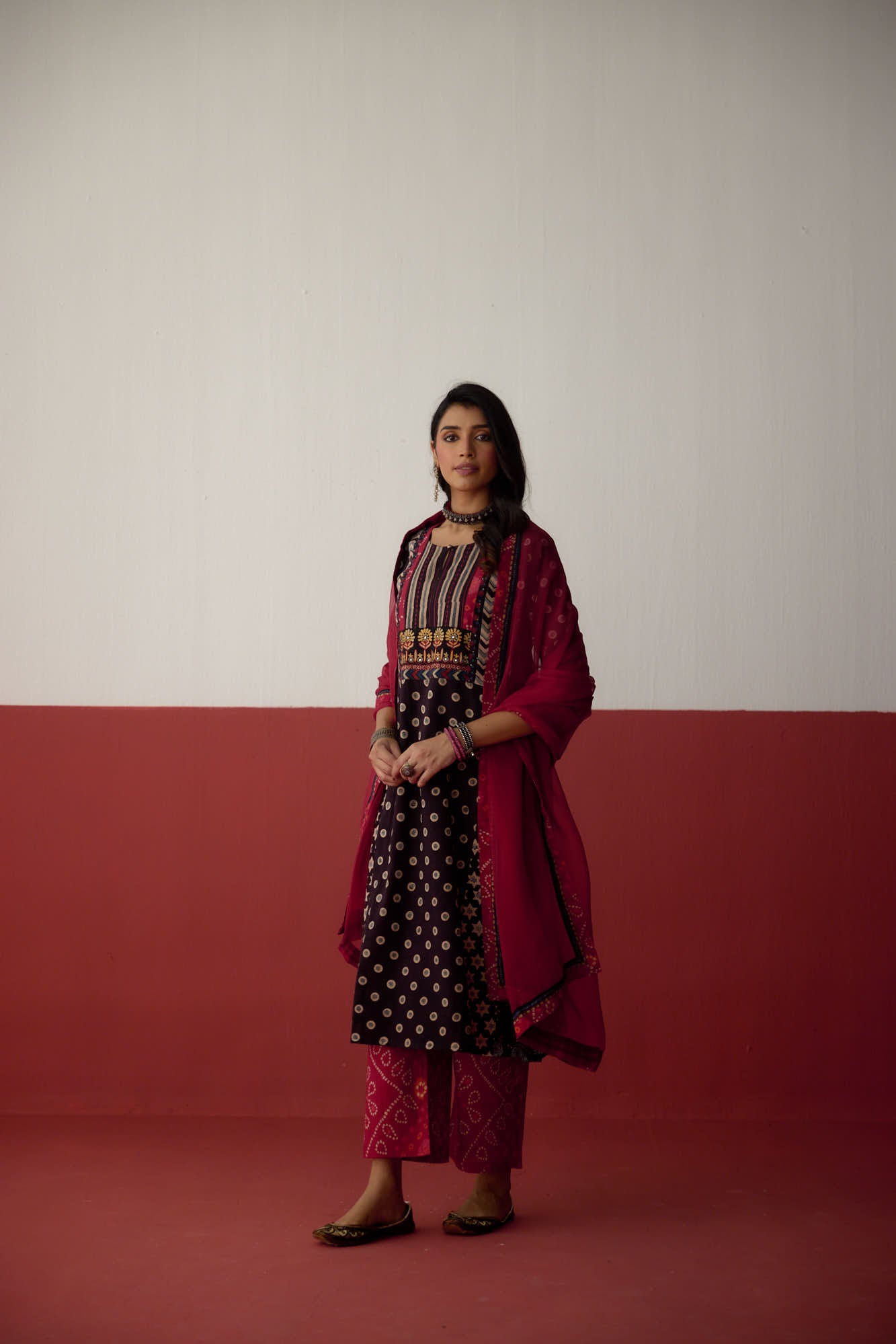 Adya Cotton Hand Block Printed Ajrakh Kurta Black (10081041547563)