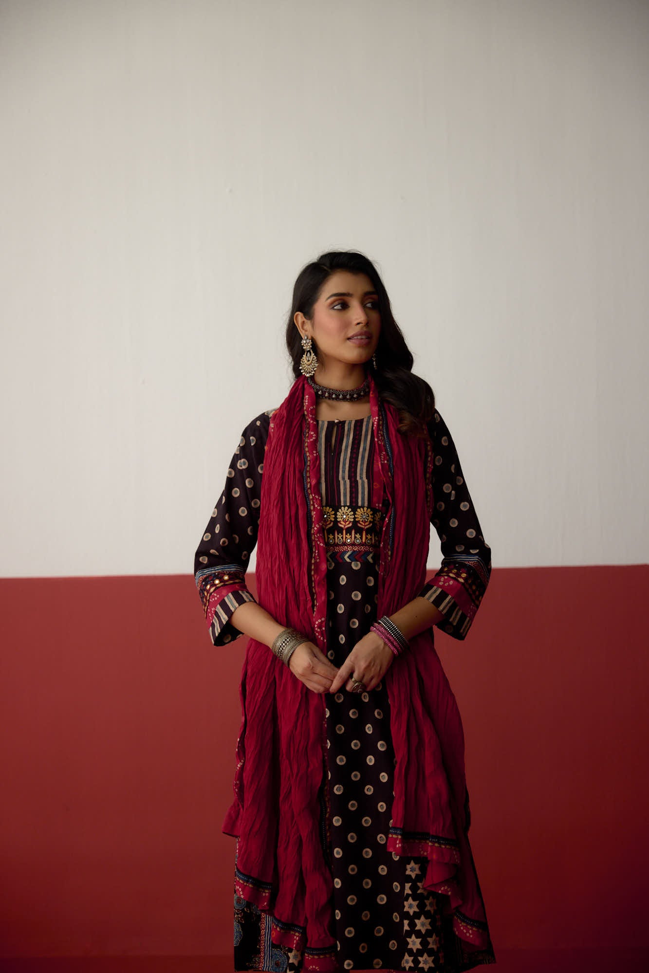 Adya Cotton Hand Block Printed Ajrakh Kurta Black (10081041547563)