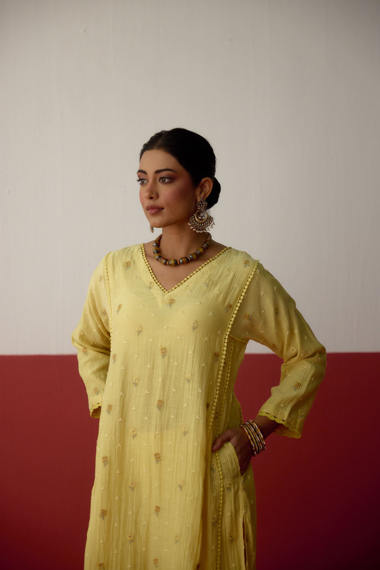 Tulsi Mul Cotton Embroidered Kurta Light Yellow (10083636740395)