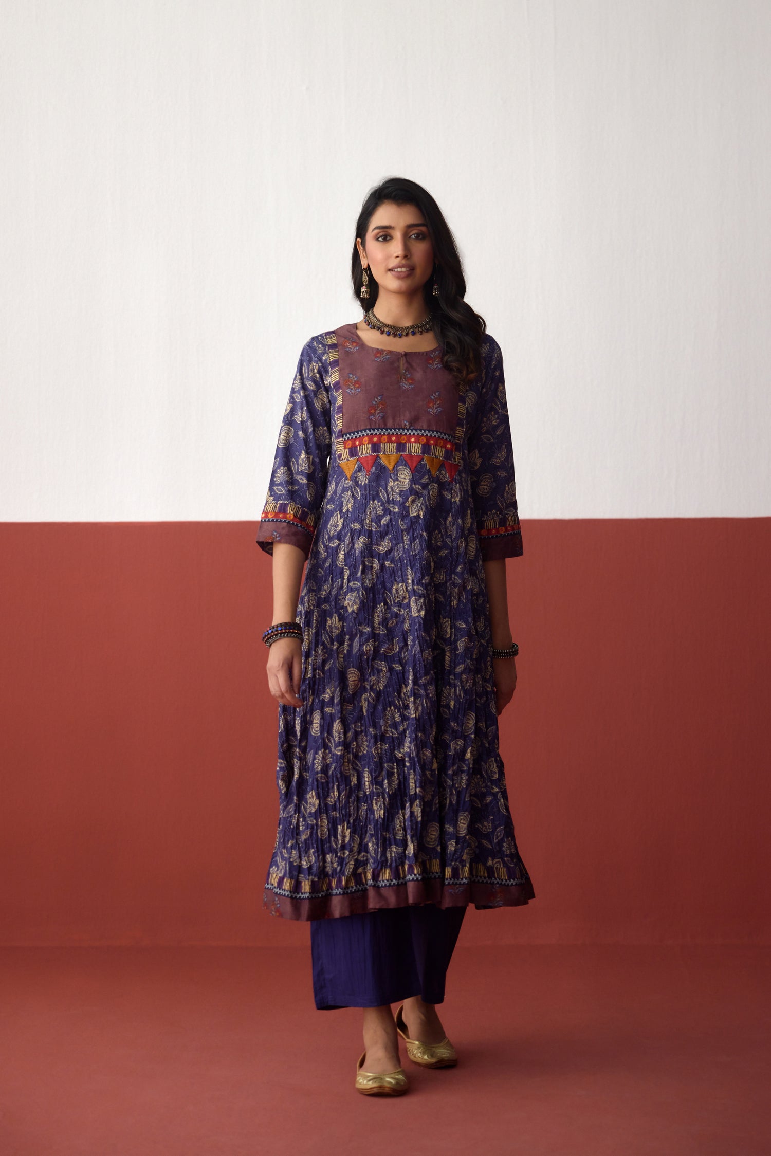 Rozana Anarkali Crinkled Printed Kurta Navy Blue (10083245523243)