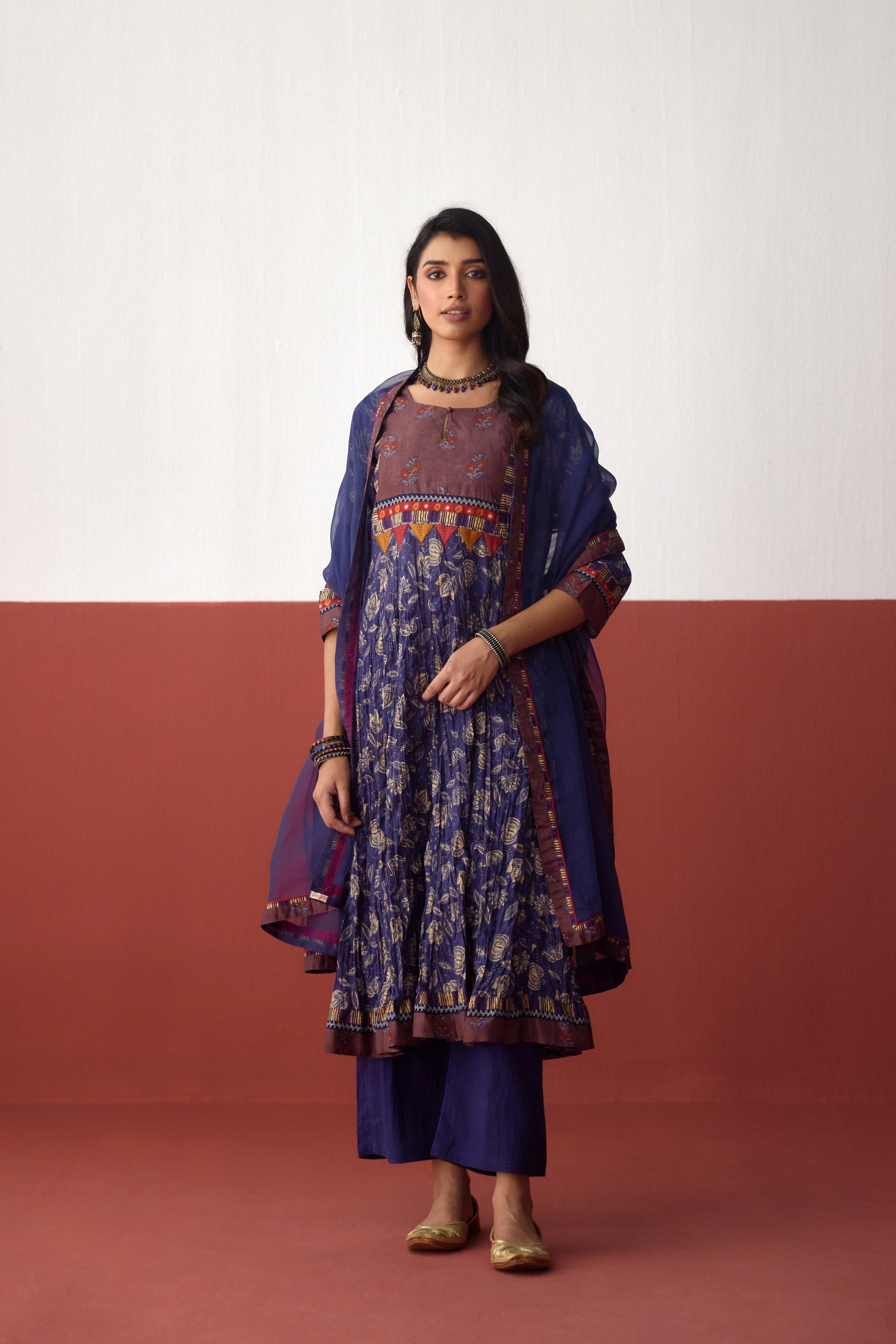 Rozana Anarkali Crinkled Printed Kurta Navy Blue (10083245523243)