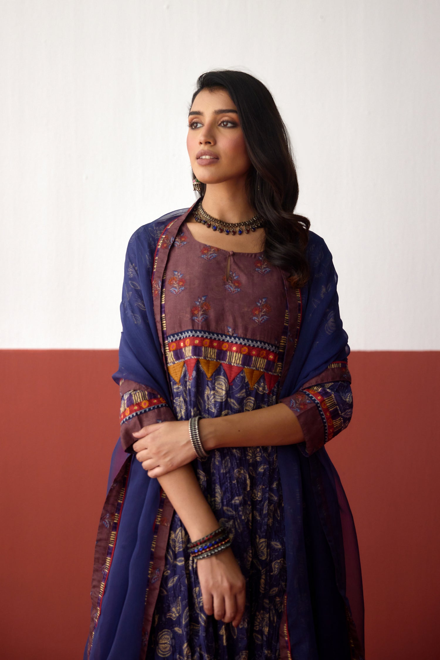 Rozana Anarkali Crinkled Printed Kurta Navy Blue (10083245523243)