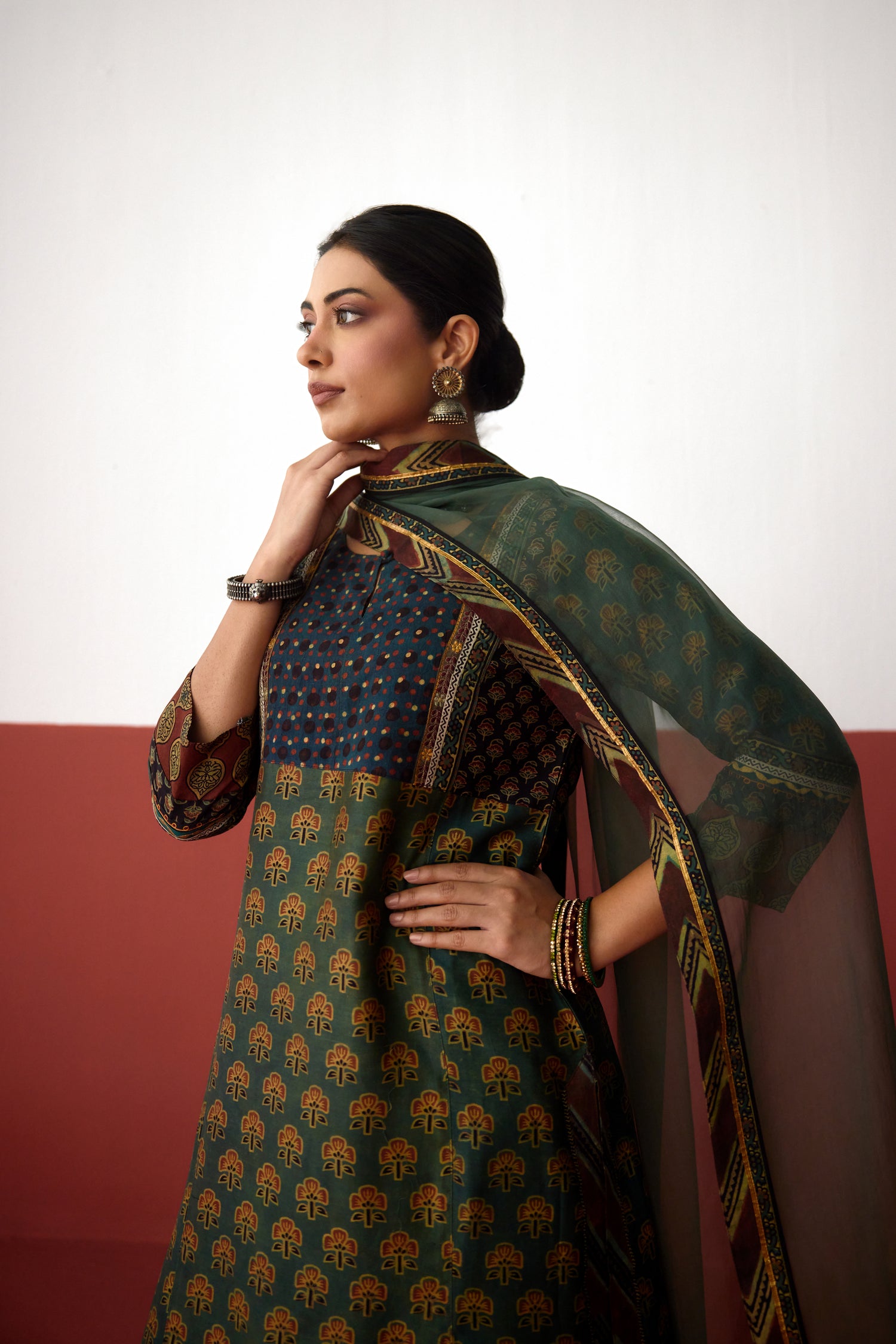 Elina Chanderi Vanaspati Printed Kurta Green (10081295565099)