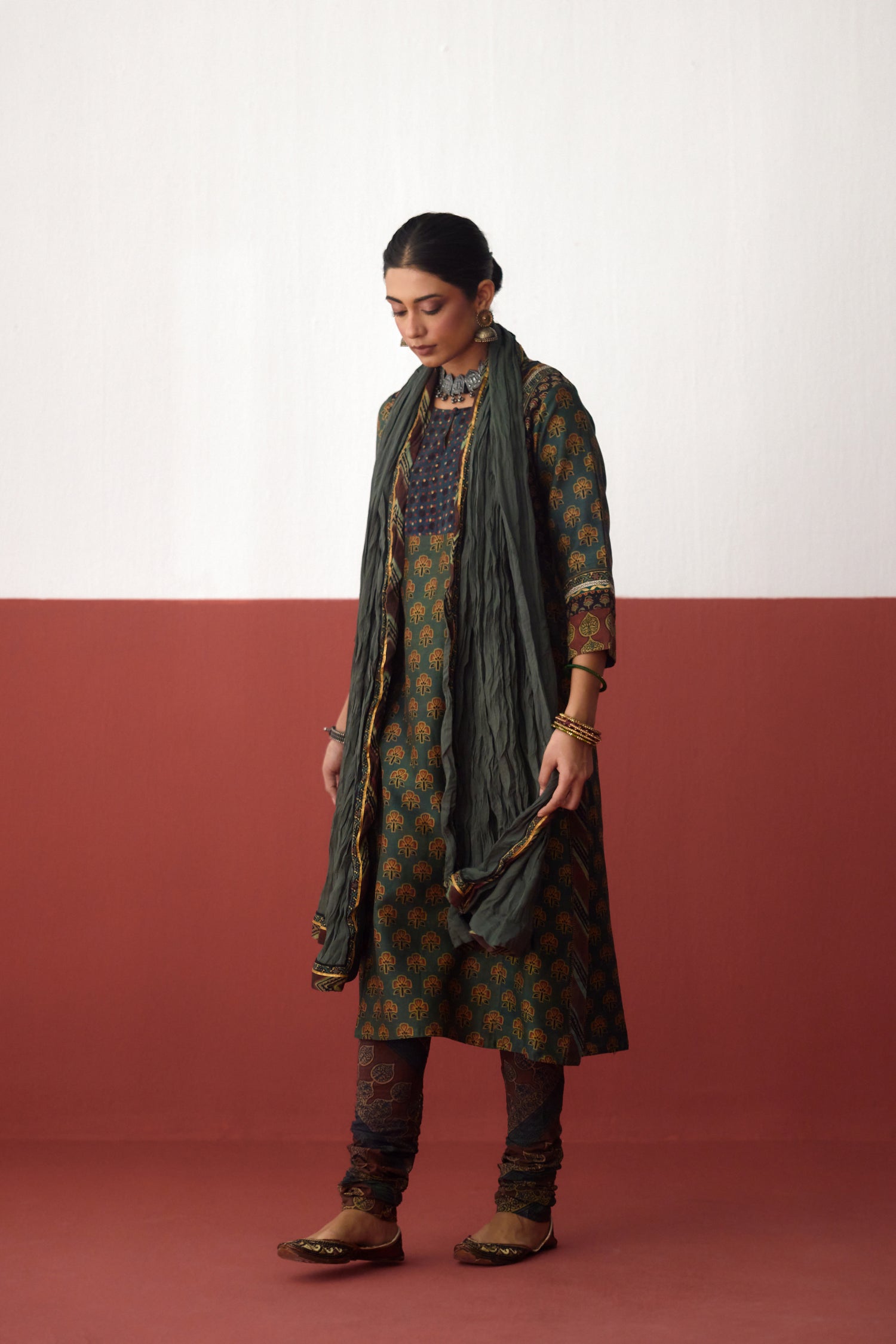 Elina Chanderi Vanaspati Printed Kurta Green (10081295565099)