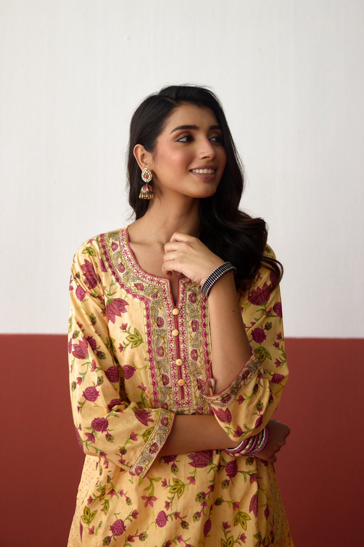 Tulsi Embroidered Cotton Printed Kurta Cream Pink (10083417981227)