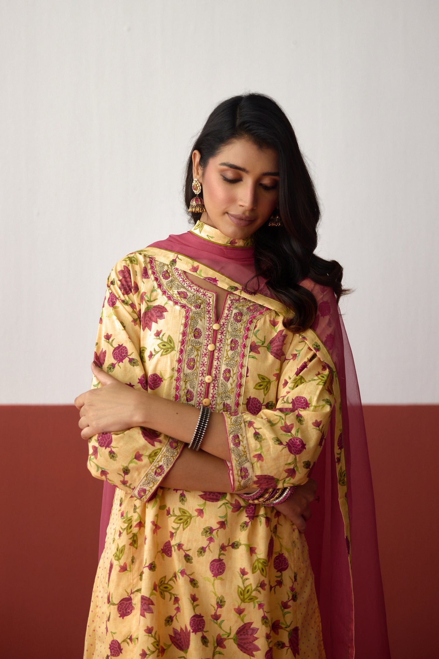 Tulsi Embroidered Cotton Printed Kurta Cream Pink (10083417981227)