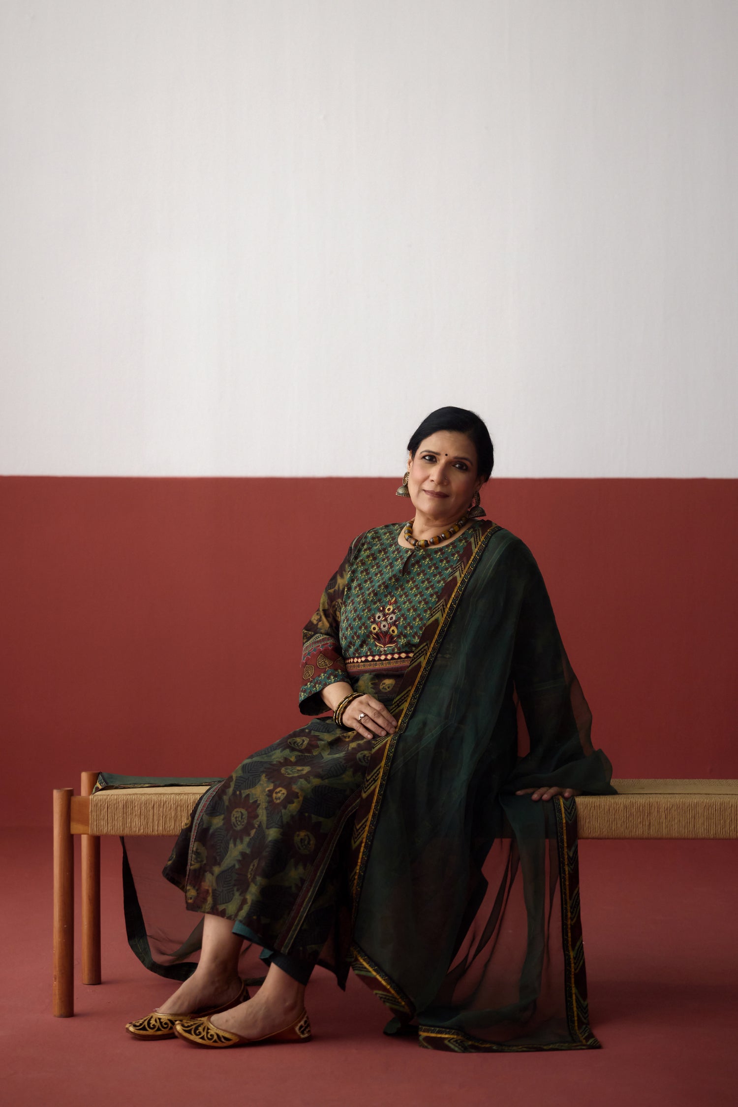 Rozana Chanderi Vanaspati Printed Kurta Green Rust (10083660693803)