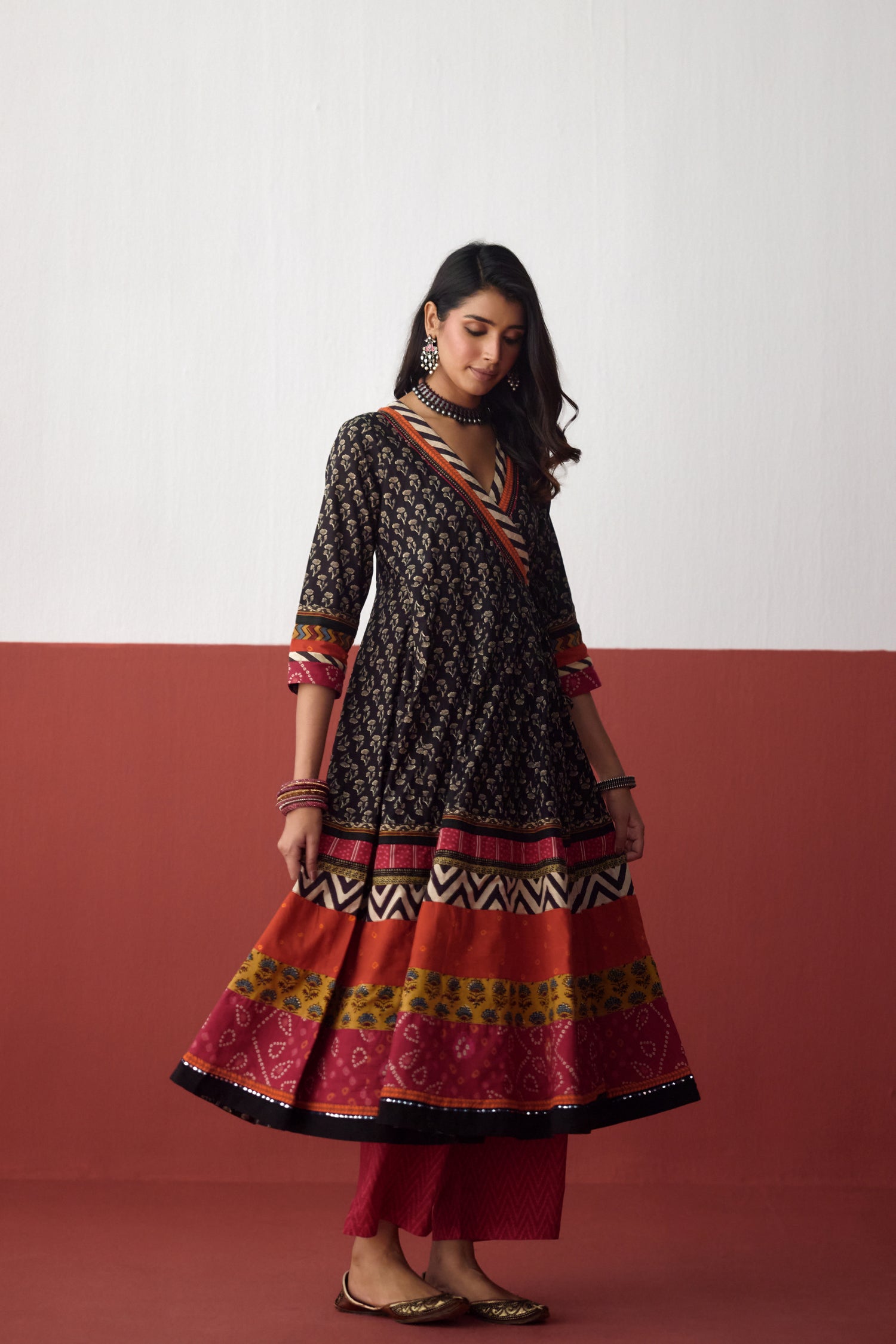 Nargis Angrakha Anarkali Cotton Printed Kurta Black (10083248800043)