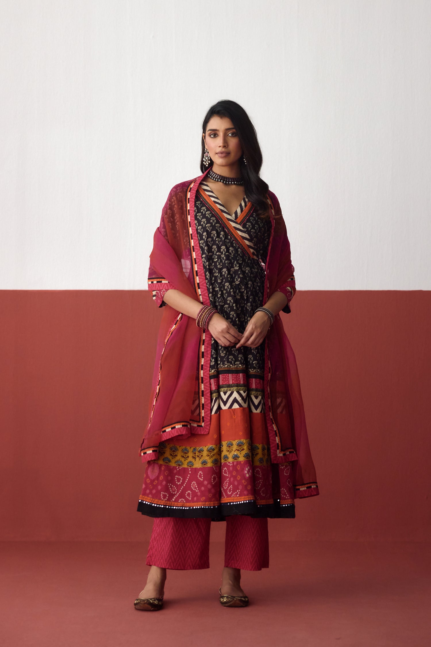 Nargis Angrakha Anarkali Cotton Printed Kurta Black (10083248800043)