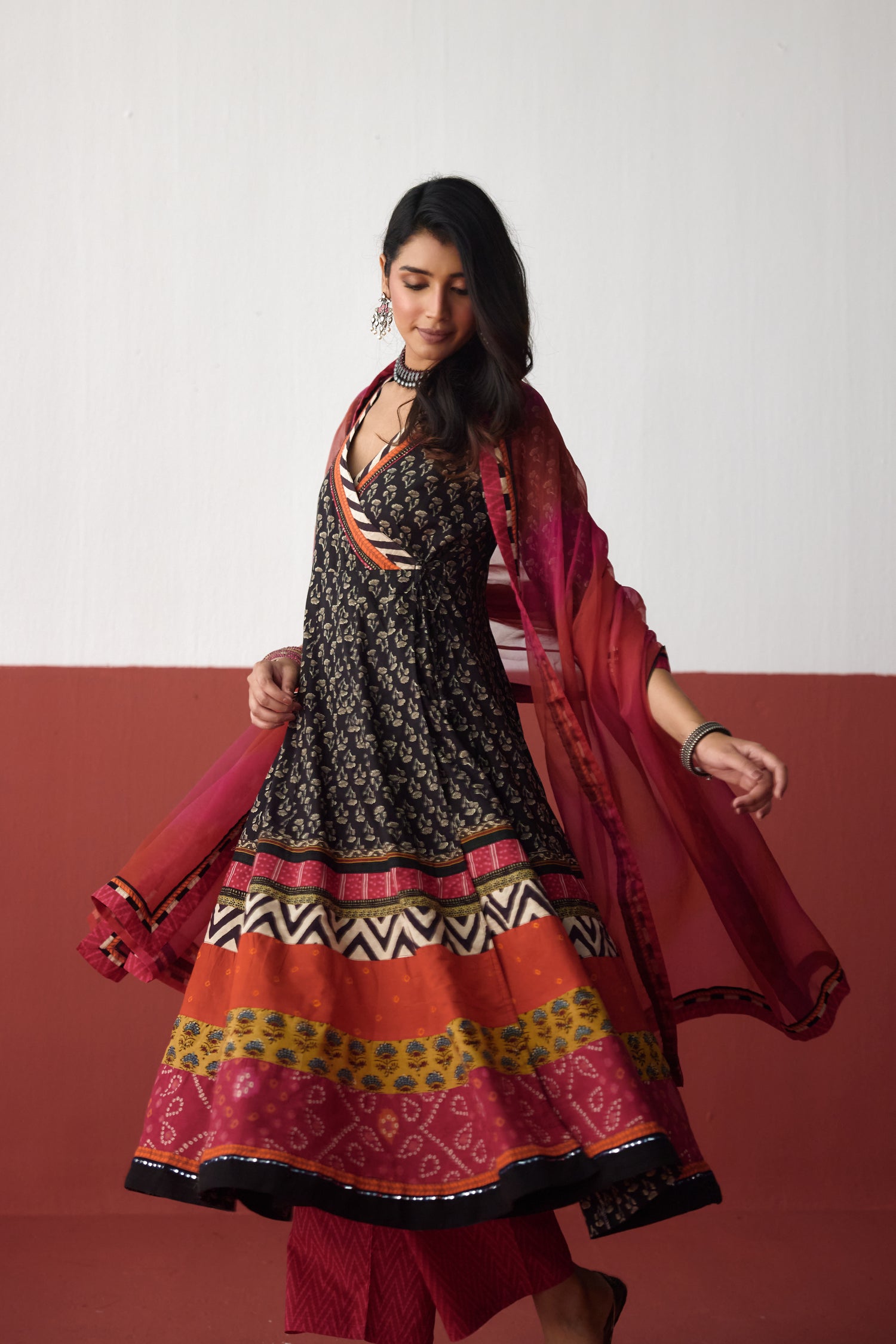 Nargis Angrakha Anarkali Cotton Printed Kurta Black (10083248800043)