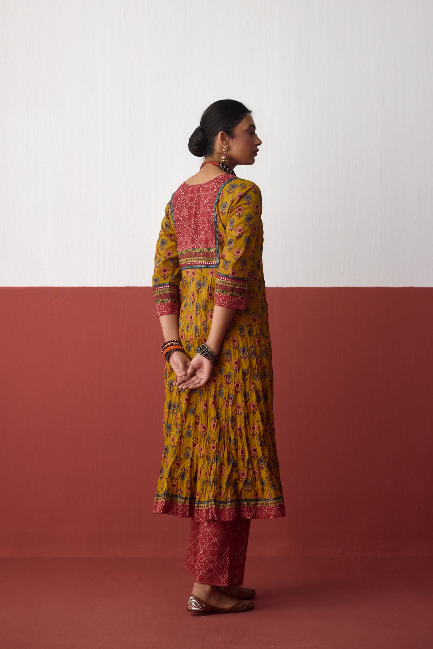 Rozana Anarkali Crinkled Printed Kurta Mustard (10083218358571)