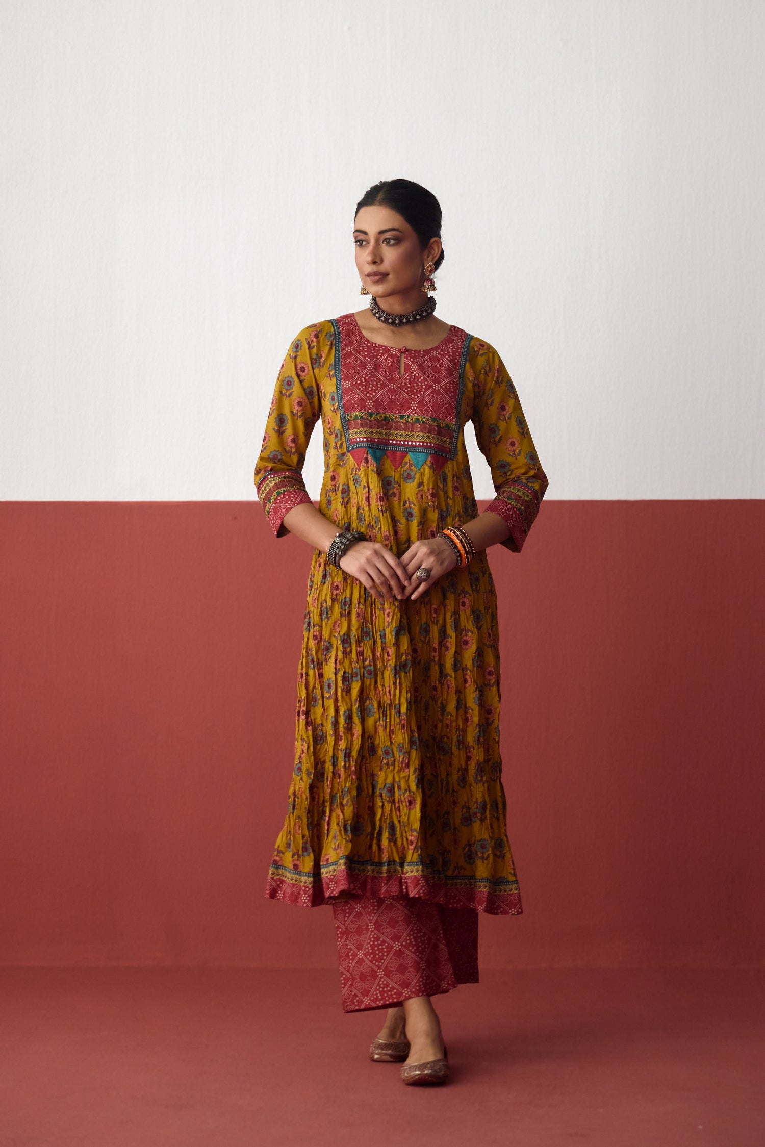 Rozana Anarkali Crinkled Printed Kurta Mustard (10083218358571)