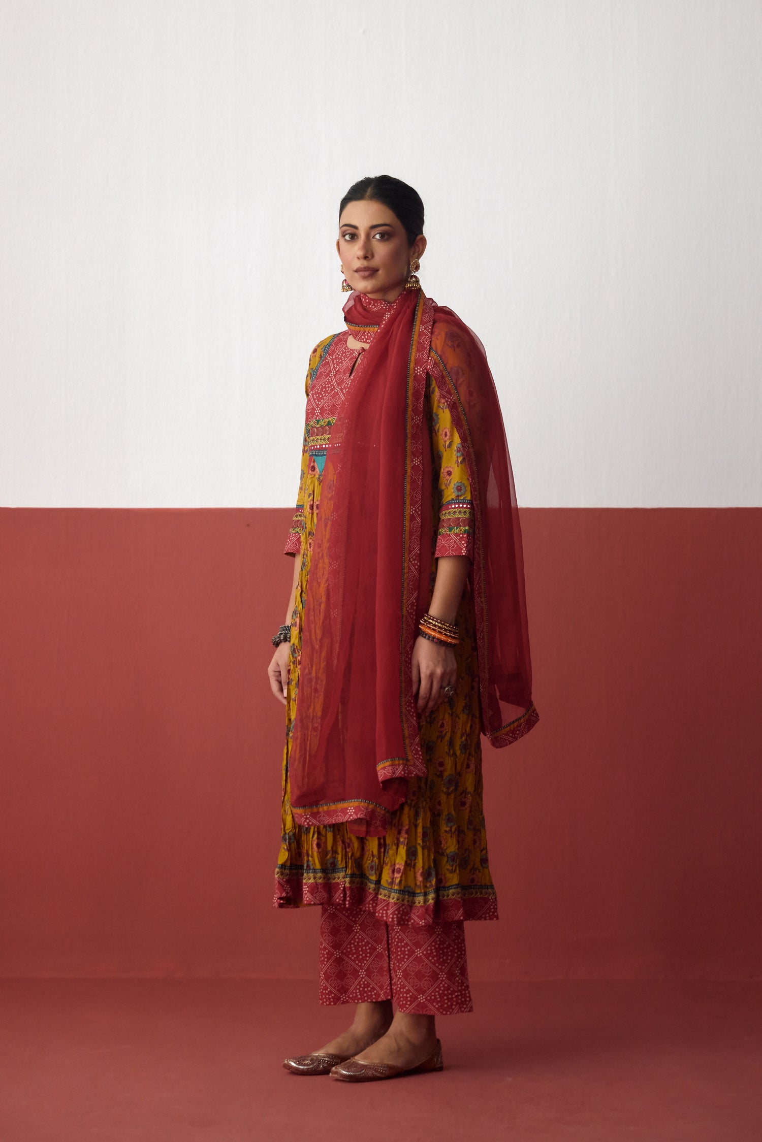 Rozana Anarkali Crinkled Printed Kurta Mustard (10083218358571)