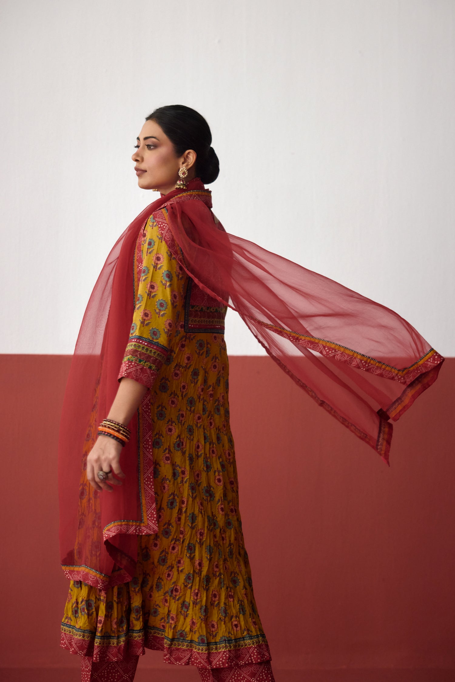 Rozana Anarkali Crinkled Printed Kurta Mustard (10083218358571)