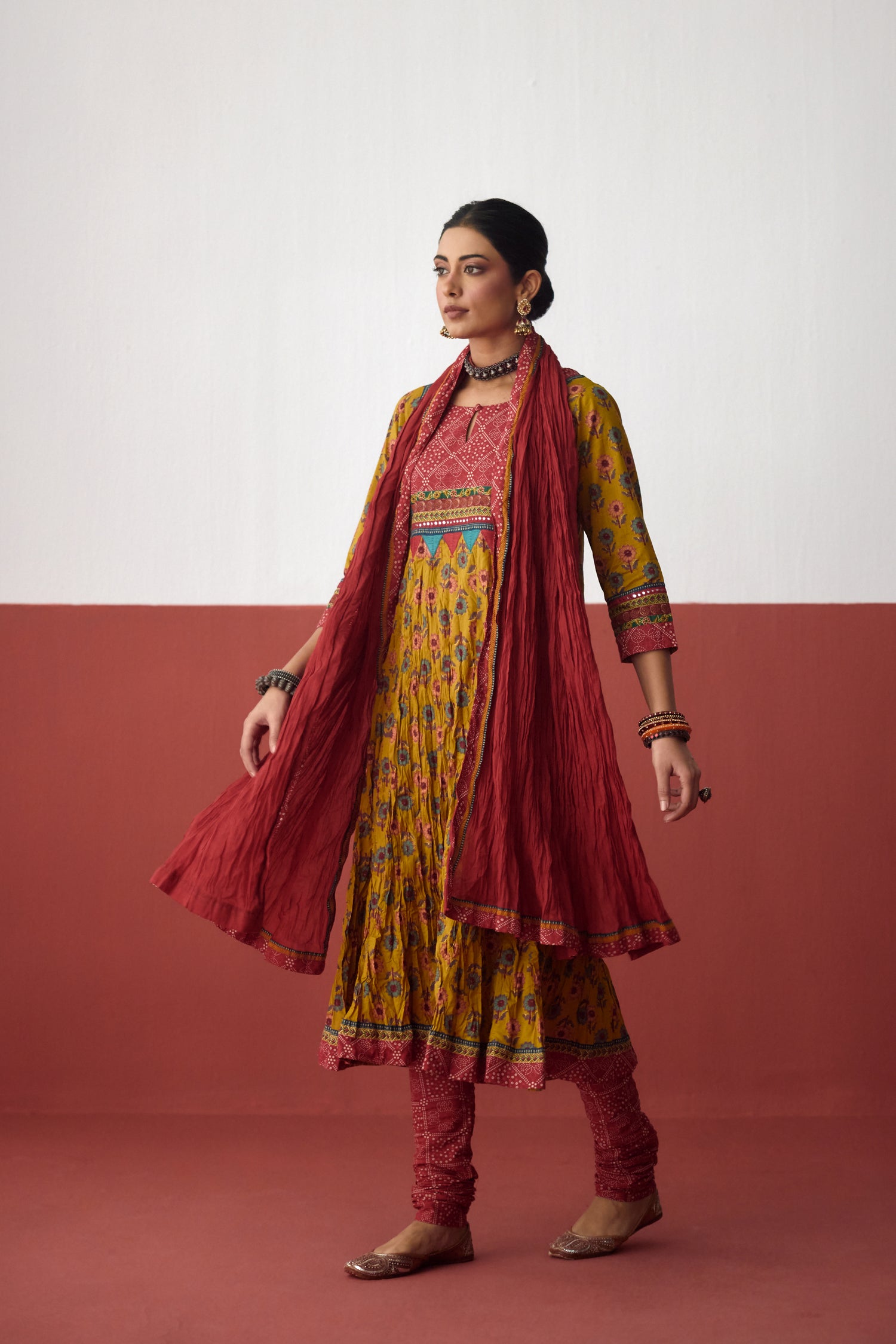 Rozana Anarkali Crinkled Printed Kurta Mustard (10083218358571)