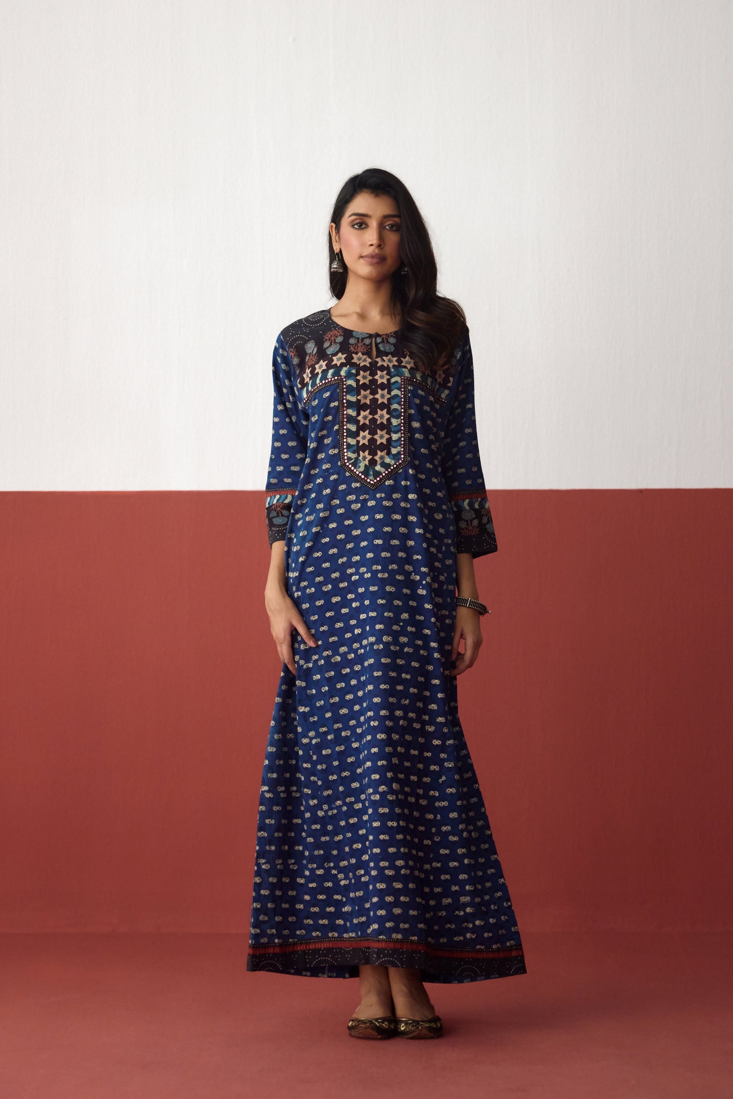 Rozana Cotton Hand Block Printed Caftan Blue (10083283665195)
