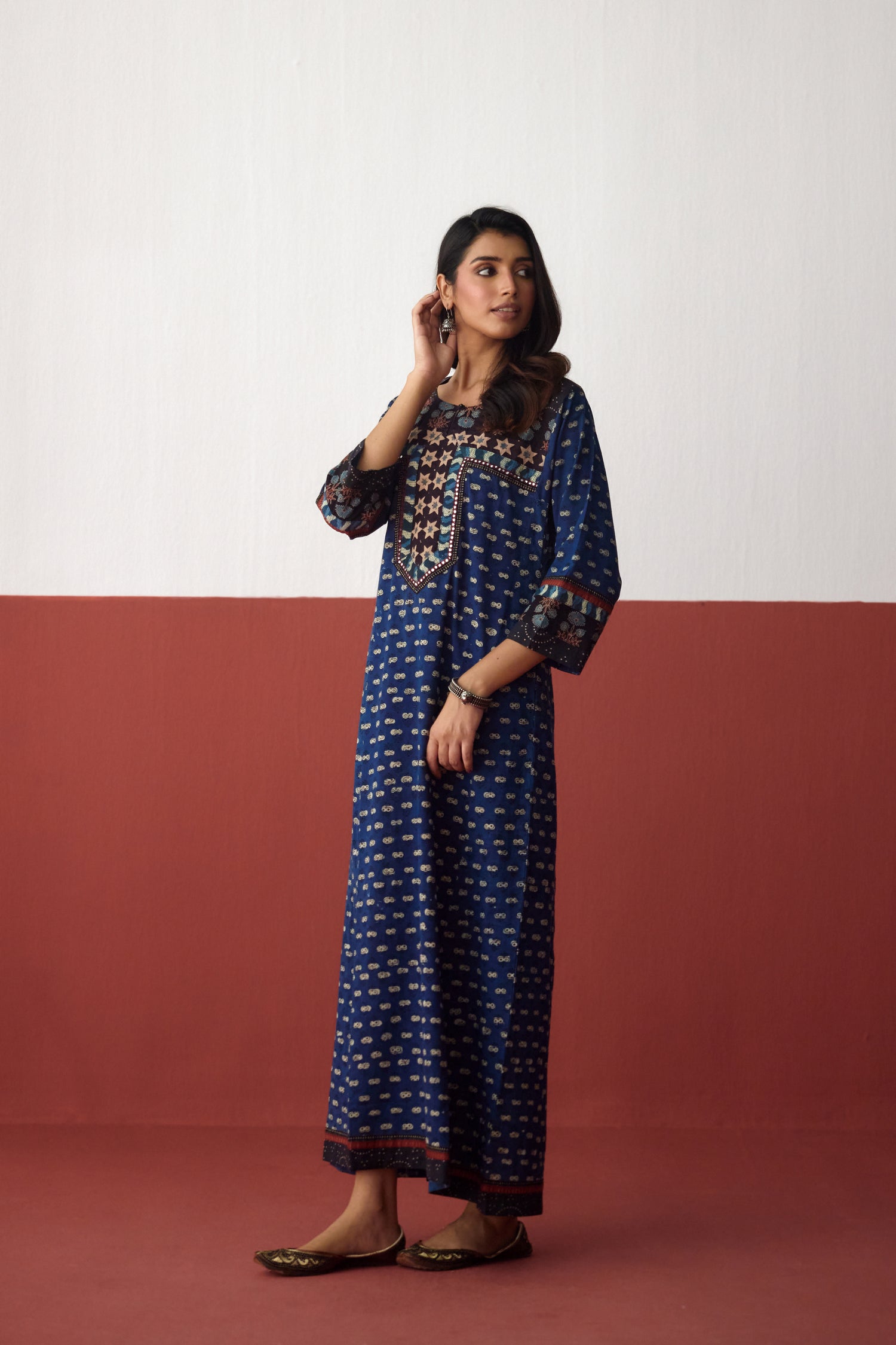 Rozana Cotton Hand Block Printed Caftan Blue (10083283665195)